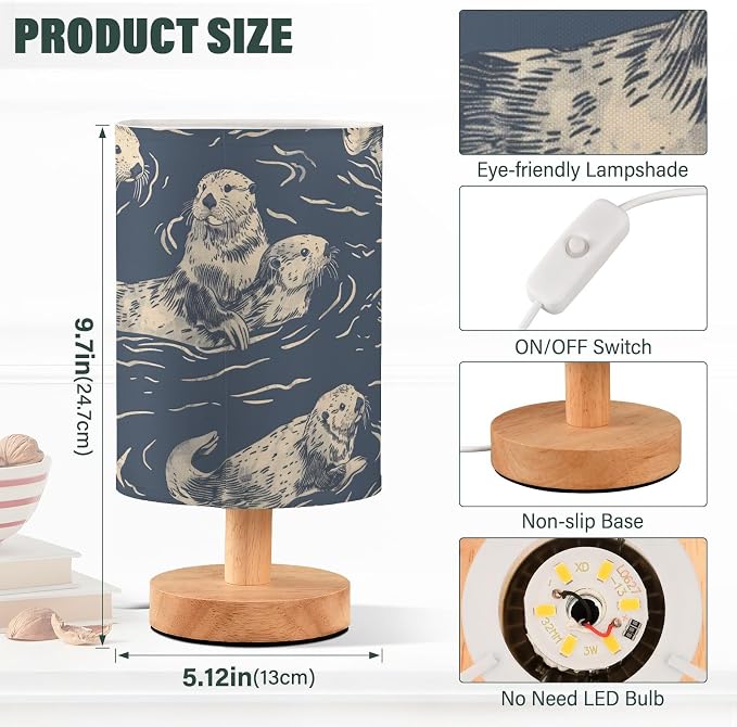 Bedside Table Lamp Sea Otter Animal Blue Nightstand Lamp with Wood Desk Lamps for Bedroom Living Room Nursery Office Home Decor - Image 3