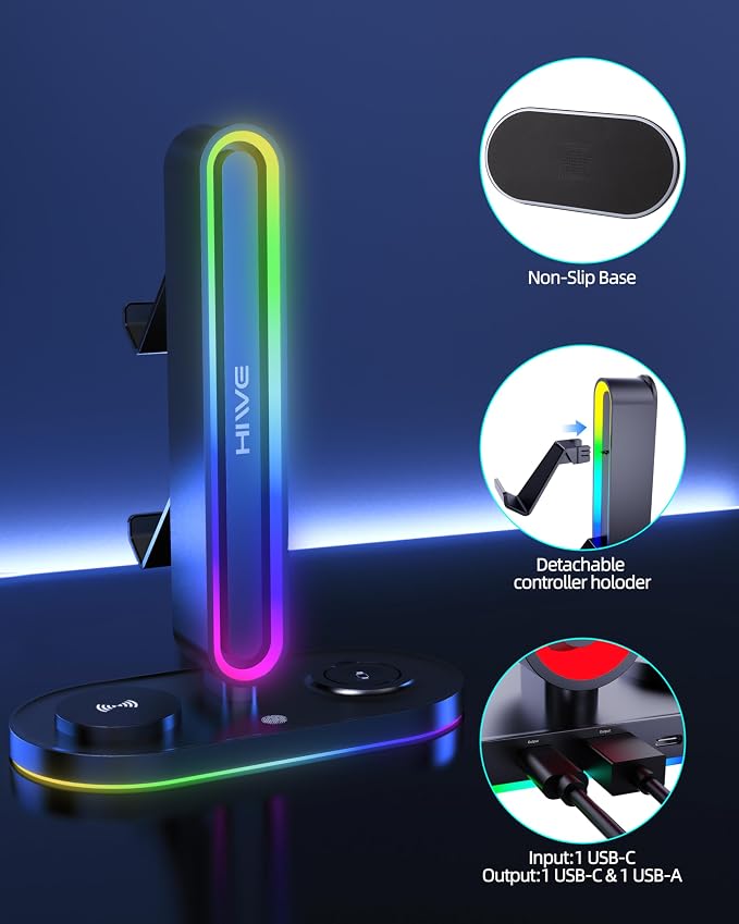 Headphone Stand, Dual Controller Holder, MagSafe Charger for iPhone/iWatch | RGB Gaming Headset Stand for All Headphones, Dual Outputs, ABS Solid Base, Adapter Included, Table Desk Organizer - Image 6