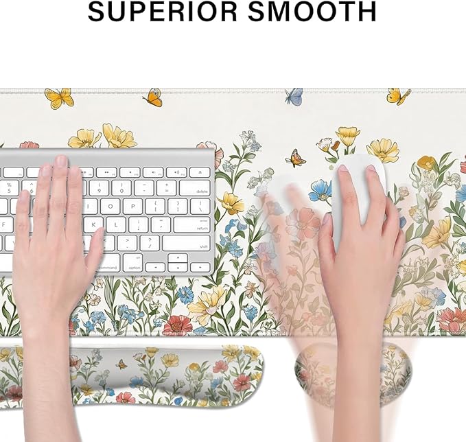 Desk Pad and Keyboard Wrist Rest, Large Mouse Pad + Keyboard Pad+Mouse Wrist Support, Non-Slip Desk Mat Protector for Office, Home 31.5×11.8 Inches Spring Floral - Image 3