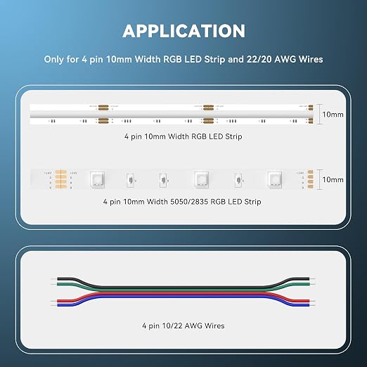 PAUTIX COB LED Connectors for 10mm 4-Pin RGB COB LED Strip Lights,20pcs Strip to Wire Connectors,10ft Long 22AWG Extension Wires for Non-Wired Gapless Solderless,5V 12V 24V 2835 LED Strip Lights - Image 3