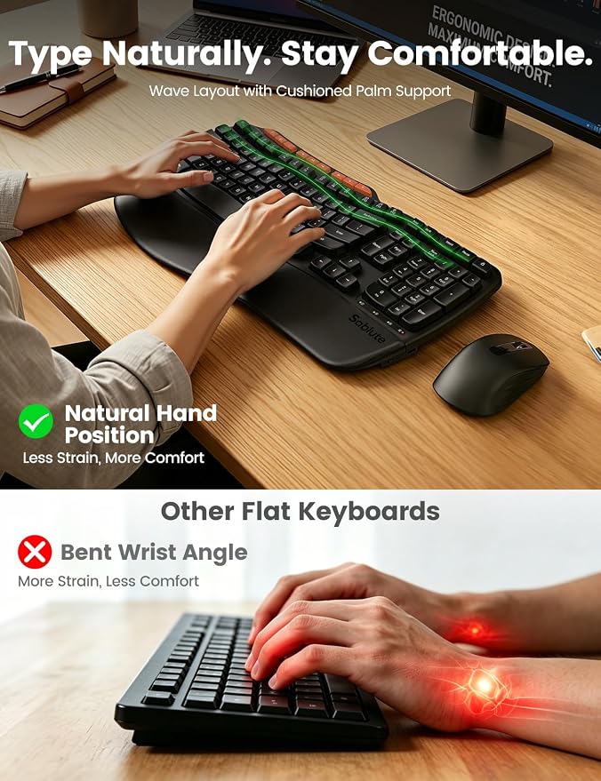 Ergonomic Wireless Keyboard and Mouse Combo, Full Size Wave, Natural Typing - Image 3