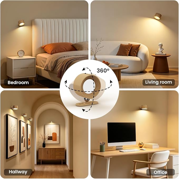 Koopala 2PACK LED Wall Lamps with Rechargeable Battery Operated, Wall Mounted Lights with 3 Brightness 3 Color Temp Removable Charging 360°Rotate Magnetic, Cordless Wall Sconces for Reading Bedside - Image 8