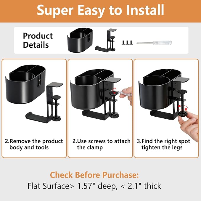 4 in 1 Desk Cup Holder, Clamp On Drink Holder with Headphone Hanger - Image 9