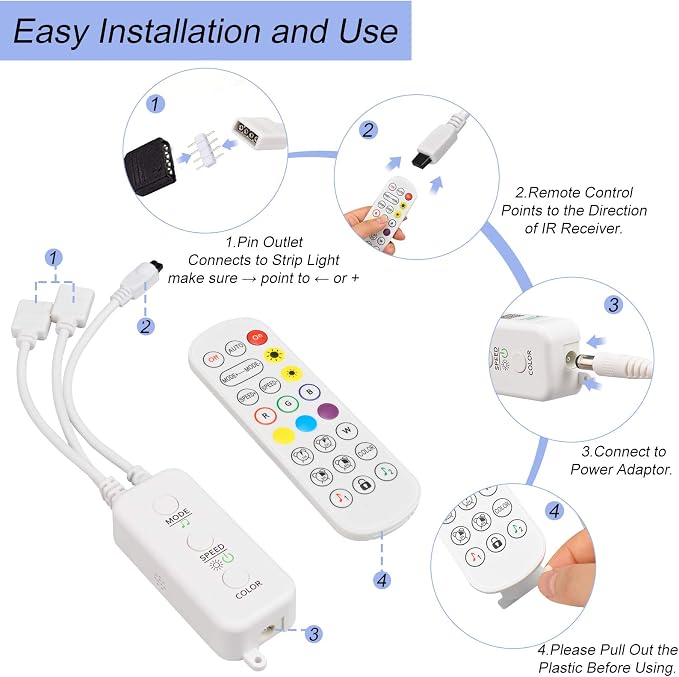 Sunity LED Light Remote Replacement with Controller, Bluetooth RGB LED Controller Set with APP/Music Sync Compatible with 5V/12V/24V 10mm RGB LED Lights Strip(2 Ports) - Image 6