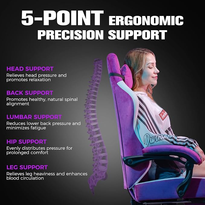 GTPLAYER Gaming Chair, Ergonomic Computer Chair with Footrest and Lumbar Support, High Back Recliner Chair 350lbs, Height Adjustable for Home Office, Purple - Image 4