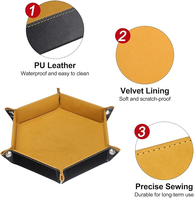 HARFINGTON PU Leather Dice Tray Unisex Valet Tray Folding Hexagon Tray Portable Entryway Table Nightstand Bedside Desk Holder for Key Wallet Watch Coin Jewelry, Yellow - Image 4
