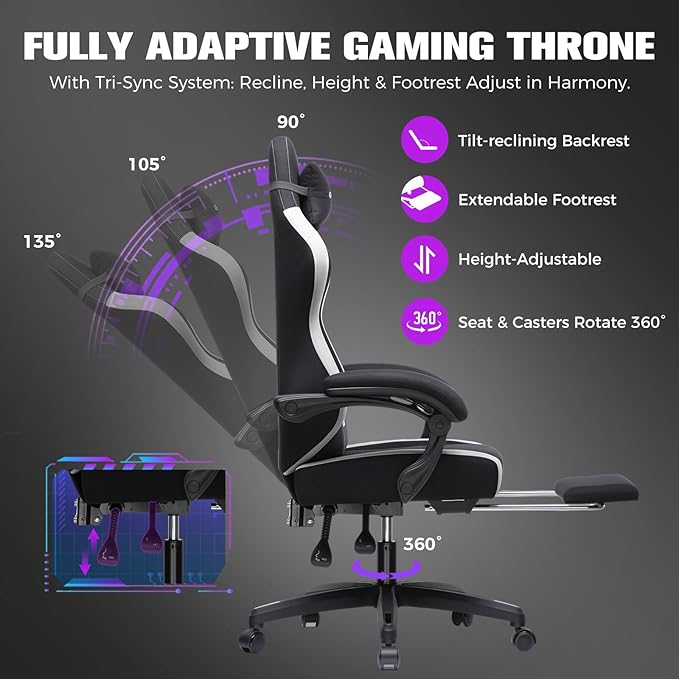 GTPLAYER Gaming Chair, Ergonomic Computer Chair with Footrest and Lumbar Support, High Back Recliner Chair 350lbs, Height Adjustable for Home Office, Black - Image 4