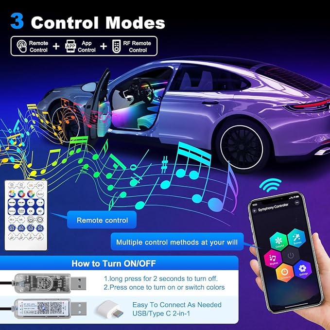 Dreamcolor Acrylic Interior Car LED Strip Light with USB/Type C/4-Port USB Cigarette Lighter,RGB 10 in 1 with 175 inches 650 LEDs Ambient Lighting Kits, Sound Active Function Neon Led Strips for Car - Image 4