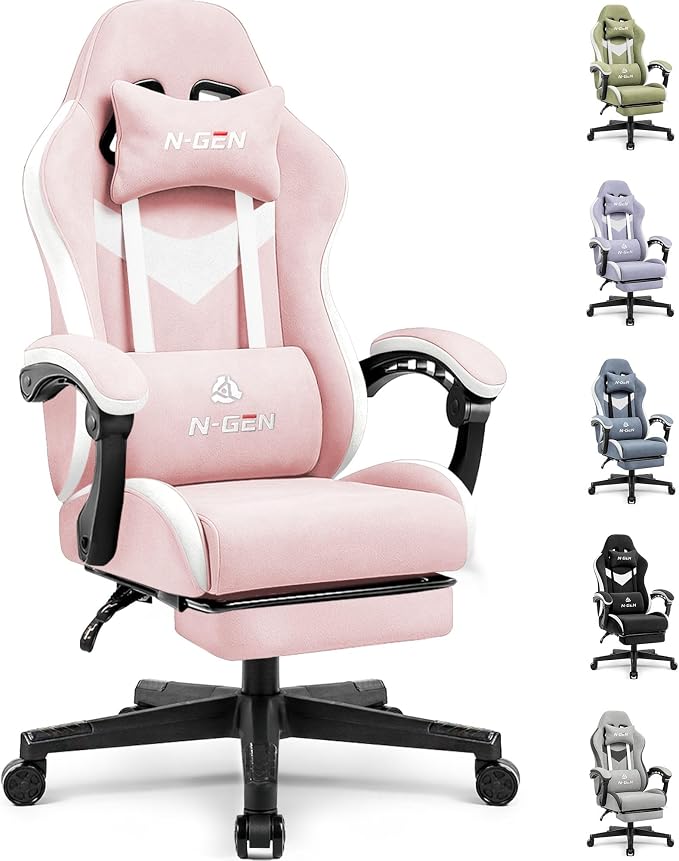 N-GEN GAMING Gaming Chair, Reclining Backrest, Footrest, Fabric, Pink | Ergonomic Design with Reclining Backrest, Linkage Armrests and High-Density Foam, Comfy Seating for Computer or Home Office by N-GENGAMING
