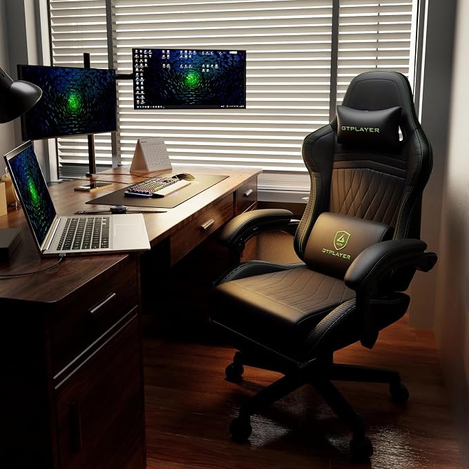 GTPLAYER ACE-PRO Music Gaming Chairs – Built-in Speakers, App Support & Bluetooth Control, Computer Game Chairs with Footrest for Adults, Ergonomic, Reclining, Linkage Armrest, Black & Green Stitch - Image 2