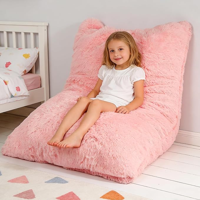 3 in 1 Kids Bean Bag Chair Bed, Kids Fluffy Stuffed Floor Pillow for Gaming and Reading, Ultra Soft Faux Fur Fabric Bean Bag Chairs to Lounger for Playroom, Living Room, Bedroom, Pink by Unknown