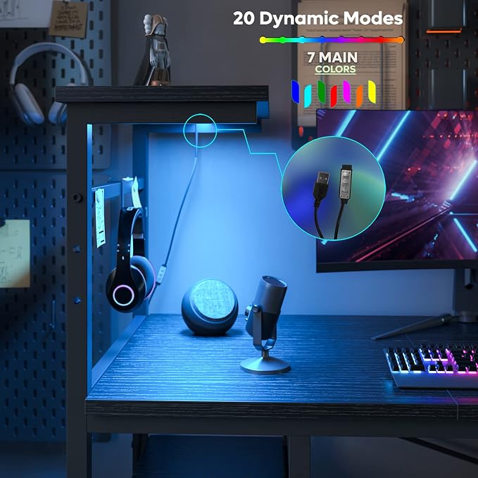 Bestier Gaming Desk with Shelves, 61 Inch Large PC Gaming Table with LED Lights, Led Gamer Desk with 4 Tiers Reversible Storage Shelves for Game & Bedroom Room (Black Grained) - Image 7