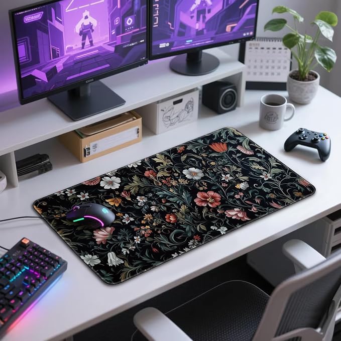 Dark Floral Pattern Large Gaming Mouse Pad Desk Mat 31.5"x15.7" | Extended Mousepad, Non-Slip Rubber Base , Stitched Edges, for Computer/Laptop/Office/Home - Image 7