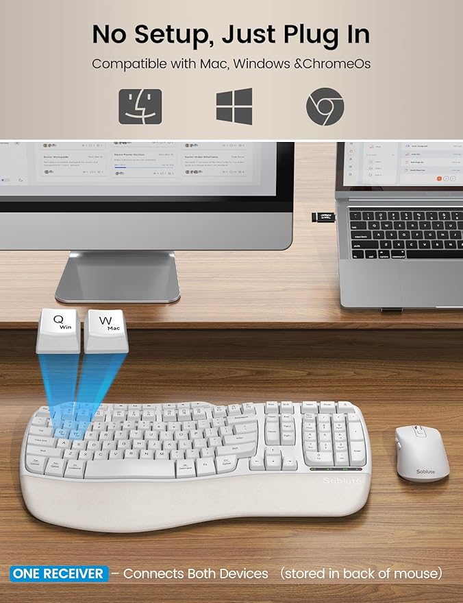 White Ergonomic Wireless Keyboard and Mouse Combo, 2.4G Full Size Ergo Wave Key Board with Cushioned Plam Rest, Natural Typing, 3 DPI Adjustable Silent Mouse for Computer/Laptop/Windows/Mac - Sablute - Image 4