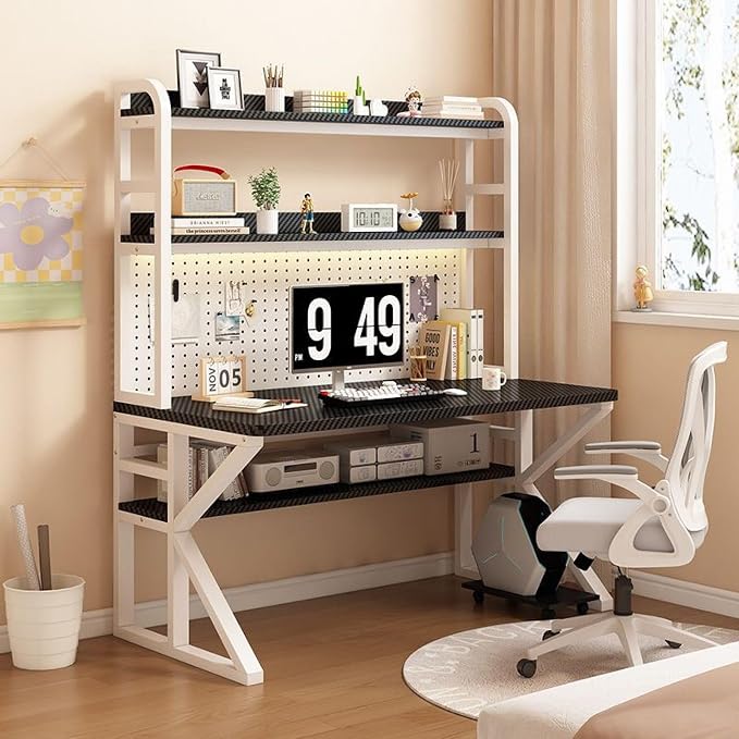 Gaming Desk with Pegboard, Industrial Gaming Desk PC Desk with Storage Shelves, Large Study Writing Workstation Table for Home Office(100x60x171cm, Carbon Fiber) - Image 4
