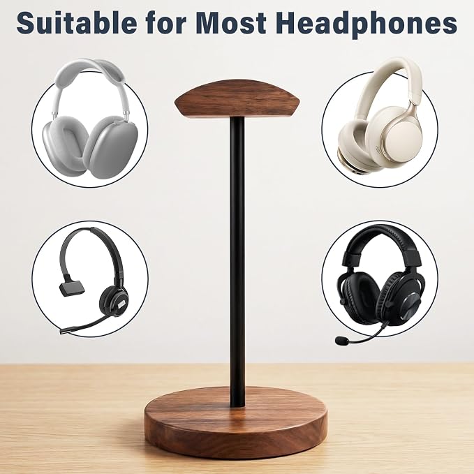 Wood & Metal Headphone Stand, Headset Holder for Desk, Desktop Gaming Headphone Hanger with Stable Non-Slip Bamboo Base, Universal Earphone Stand for Gaming, Office, Home, Gift - Image 6