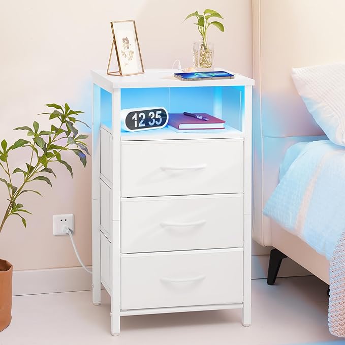 Yoobure Night Stand with Charging Station, LED White Nightstand for Dorm - Image 2