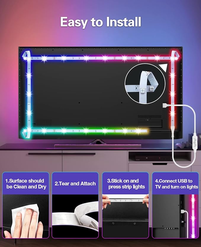 Daymeet TV Led Backlight,13.1ft ICRGB LED Lights for TV USB Light Strip for 40-65 inch Monitor Behind Lighting, Rainbow Color TV Lights Music Sync Bluetooth APP Control with Remote - Image 7