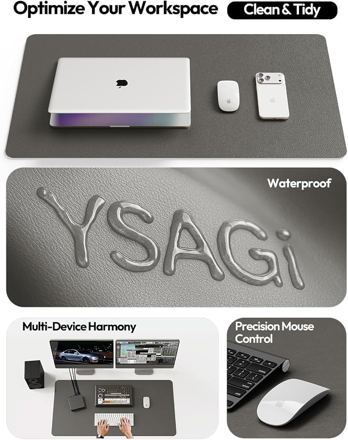 YSAGi Leather Desk Protector, Office Mat, Large Mouse Mat, Non-Slip PU Leather Blotter, Laptop Desk, Waterproof Writing Pad for Office and Home (Dark Grey, 23.6" x 13.8") - Image 8