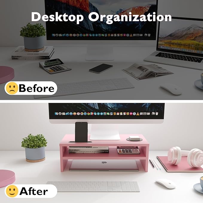 BONTEC Wooden Monitor Stand Riser for Desk, 2-Tier Computer Monitor Stand | 66 lbs Desk Shelf Organizer with Storage, Laptop & Printer Stand with Phone Holder and Cable Management, Pink, 16.5 Inch - Image 2