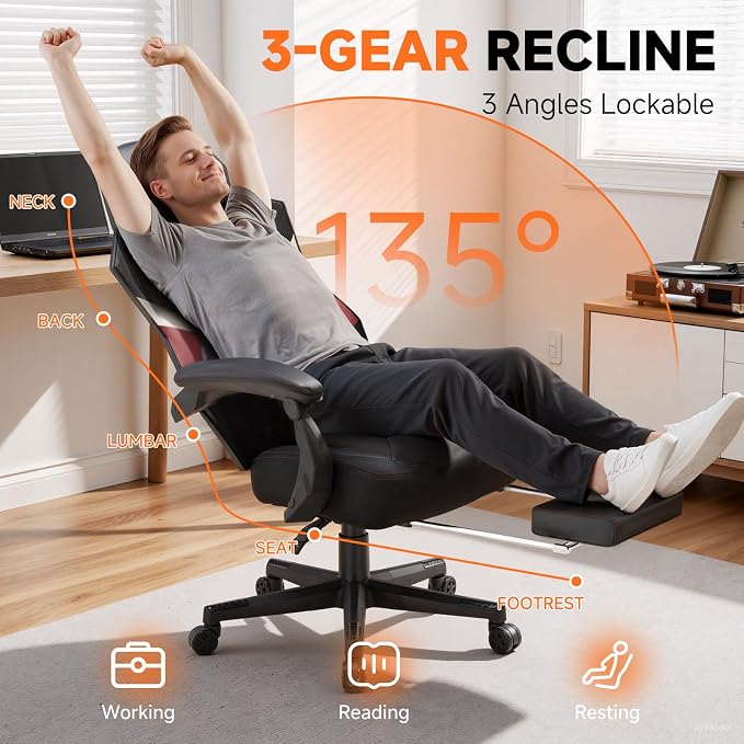GTPLAYER Computer Chair with Adjustable Footrest, Ergonomic Gaming Chair with Headrest and Lumbar Support, Breathable Mesh Office Chair for Adults, High Back Reclining Desk Chair for Gaming and Office - Image 3