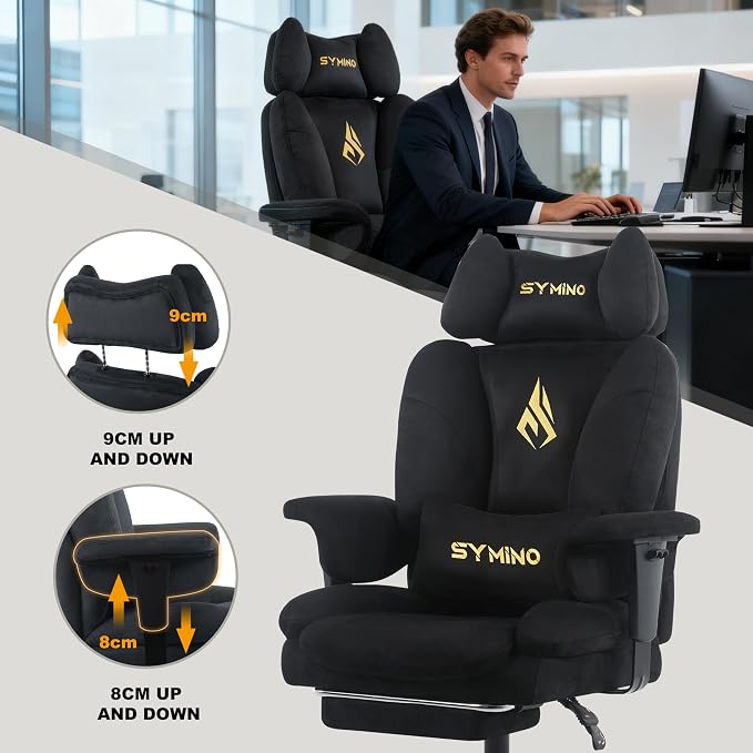 Symino Gaming Chair with Footrest, Up/Down Armrests, Suede Fabric Ergonomic Office Chair, 150° Recline Computer Chair for Desk, Black - Image 8