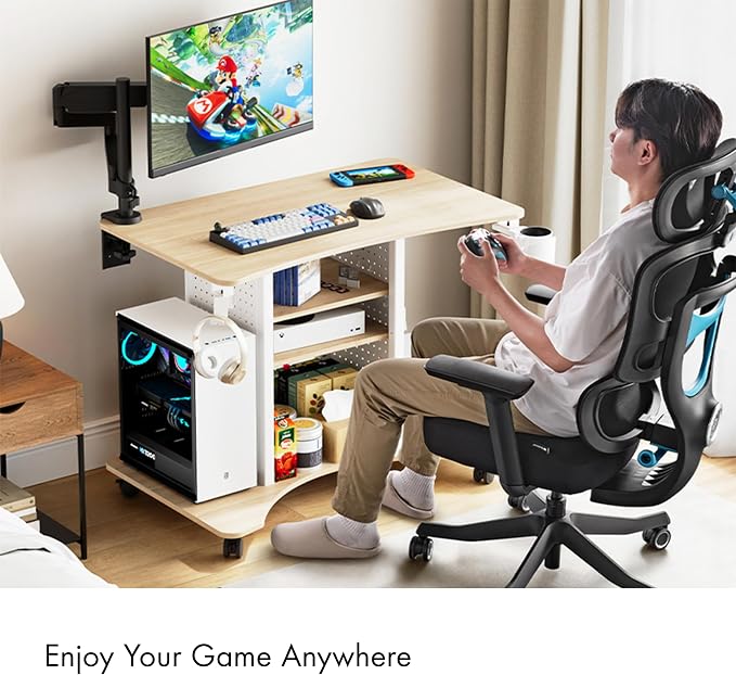 EUREKA ERGONOMIC Gaming Desk Computer, 37" Rolling Desk on Wheels for Small Space, Mobile Computer Cart with Pegboards Adjustable Shelves for Gaming PS Switch, Craft Station, Home Office - Maple - Image 5