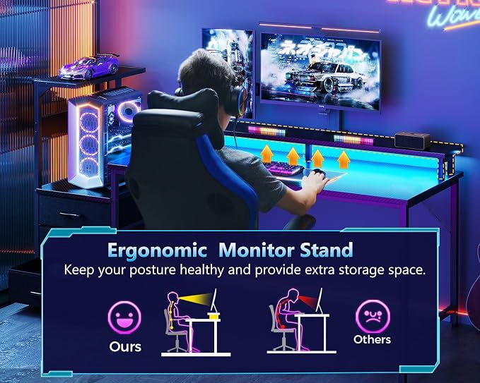 AODK Gaming Desk w/PC Showcase Stand, 59" Reversible, RGB LED, Black - Image 6
