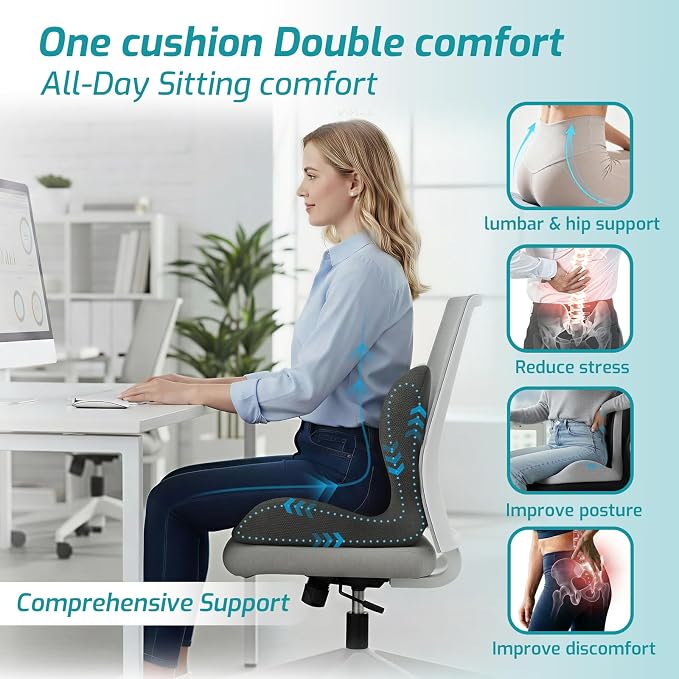 Ergonomic Seat Cushion,Office Chair Cushion with Lumbar Support Pillow | Improve Seat Comfort,Back Pain,Tailbone & Sciatica Relief,Memory Foam Seat Cushions for Office,Car,Home Chairs - Image 2