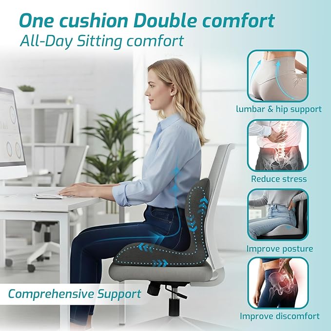 Ergonomic Seat Cushion, Office Chair Cushion with Lumbar Support Pillow | Improve Seat Comfort,Back Pain,Tailbone & Sciatica Relief,Memory Foam Seat Cushions for Office,Car,Home Chairs - Image 2
