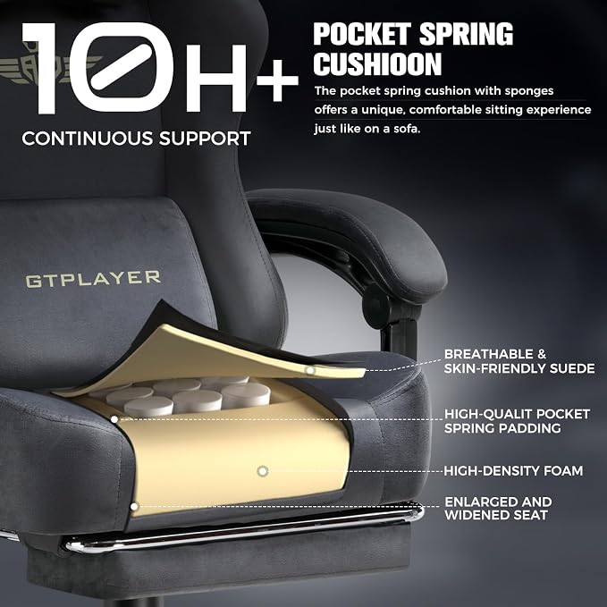 GTPLAYER Big and Tall Gaming Chair 400lbs Heavy Duty Office Chair with Foot Rest, High Back Pocket Spring Ergonomic Computer Chair for Adults,Wide Comfy Seated Cushion with Linkage Armrests,Light Grey - Image 4