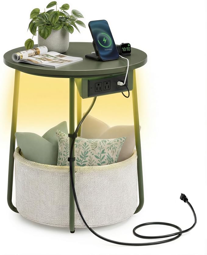 VASAGLE Side Table with Charging Station,Fabric Basket, LED Round End Table by Unknown
