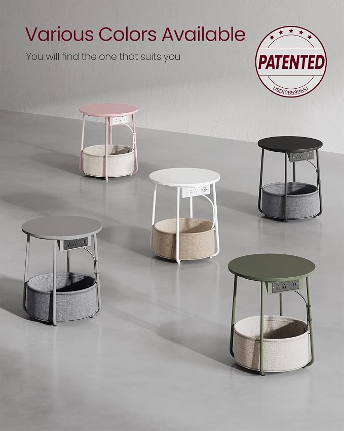 VASAGLE Side Table with Charging Station,Fabric Basket, Round End Table - Image 8