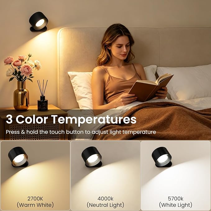 Koopala 2PCS Rechargeable Battery Operated LED Wall Lamps, Wall Mounted Lights with 3 Brightness 3 Color Temp Removable Charging 360°Rotate Magnetic, Cordless Wall Sconces for Reading Bedside-Black - Image 2