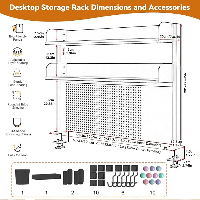 Clamp On Desks Organizer Shelf With Privacy Panel 23.6/31.5/39.3in Desk Extender Pegboard Workstation Desk- Pegboard With 20 Accessories For Gaming & Home Table(Black,80cm/31.5in) - Image 2