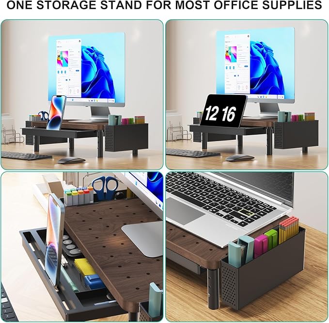 WALI Computer Monitor Stand with Storage and Pen Holder | 3 Height Adjustable Desk Organizer with Drawer, Desk Laptop Monitor Riser for Computer, Printer(PTT003-C), 1 Pack, Brown - Image 4