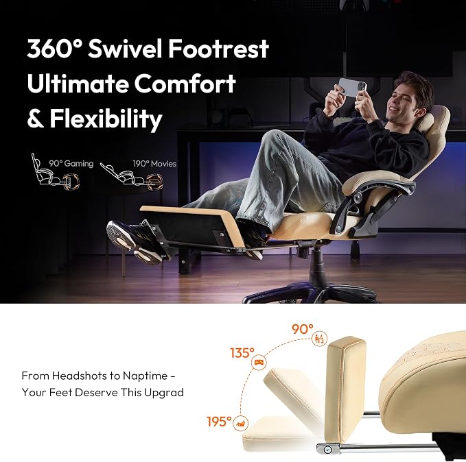 Dowinx Big & Tall Vintage Gaming Chair for Adults, 400 lb Capacity Heavy Duty Ergonomic Computer Chair with Massage Lumbar, Footrest & Easy Side Recline, Beige - Image 6