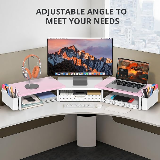 OPNICE Desk Organizers and Accessories, Dual Monitor Stand Riser with Drawer and 2 Pen Holders, Desk Shelf Computer Racks for Office Workspace Organizers, Desktop Organization (Pink-White) - Image 5