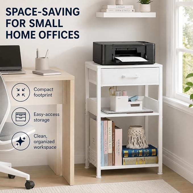 Lerliuo Printer Stand with Storage, 3-Tier Printer Table with Drawer, White - Image 6