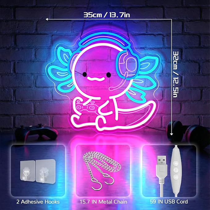 Cute Axolotl Gaming Neon Sign with Headset & Controller,LED Neon Wall Light for Gamer Room Decor,USB Powered Dimmable Neon Light for Bedroom,Teens Room,Game Setup - Image 3