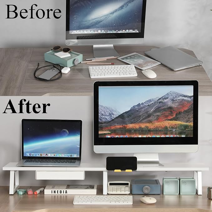 TEAMIX 42 inch Dual Monitor Stand with Storage Drawer & Phone Holder, White | Laptop, PC, Printer, TV Stand Riser, Wood & Steel, Holds 300lbs, Keyboard & PS5 Storage underneath, For Home Office & Gaming - Image 6