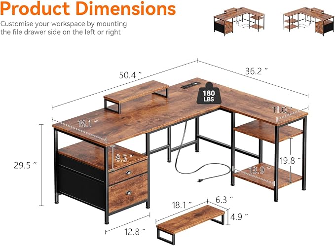 Furologee 50 Inch L Shaped Computer Desk with Power Outlet, Rustic Brown - Image 3