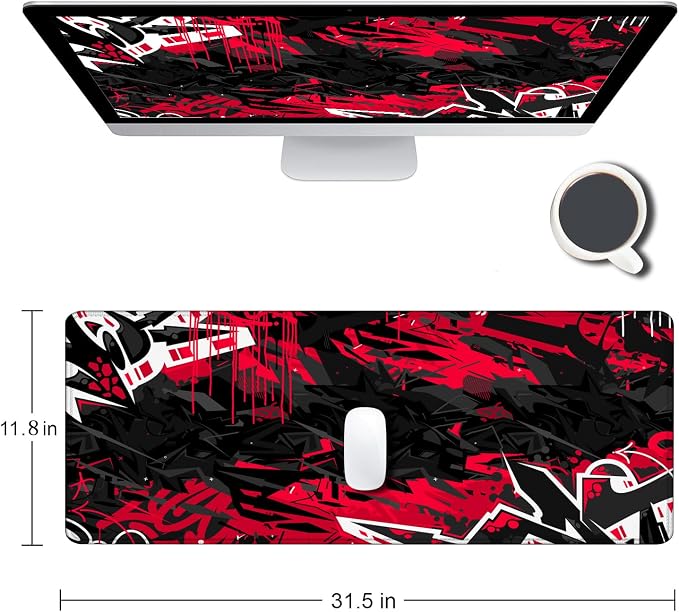 Mouse Pad Gaming, Large XXL Mouse Pads, Non-Slip Rubber Base Mousepad, Keyboard Mouse Mat Desk Pad with Stitched Edges, 31.5x11.8 inch Black Red - Image 2