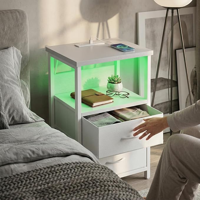 Fixwal Night Stand with Charging Station, White Led Nightstand, 2 Drawers - Image 7