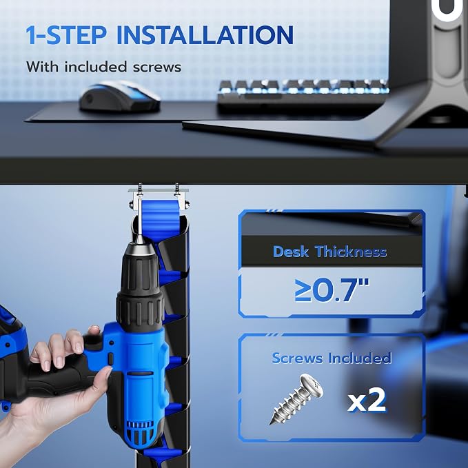 ARES WING Under Desk Cable Management Spine, Screw-On Vertebrae Cord Organizer for Standing Desk, Length-Adjustable with 20 Modular Segments for Office & Gaming Desks, Blue - Image 4