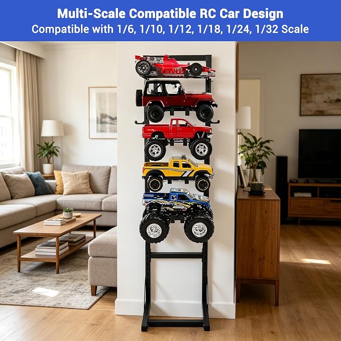 Rc Car Stand Display 5 Tier Metal Storage Rack Shelf Compatible With 1/6 1/10 1/12 1/18 1/24 Scale Crawler Trucks Accessories Multi Layer Model Workstation Organizer Includes 2 Remote Controller Hooks - Image 3