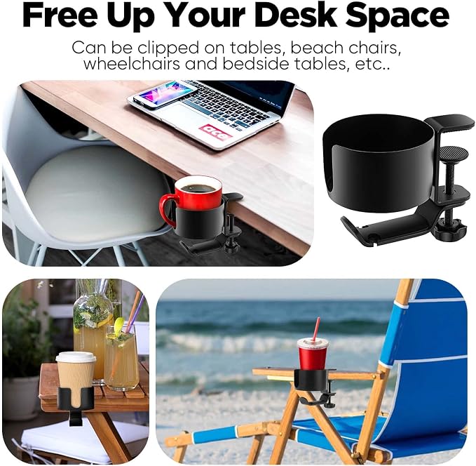 OOKUU 2 in 1 Desk Cup Holder with Headphone Hanger, Anti-Spill Cup Holder for Desk or Table, Easy to Install, Sturdy and Durable, Enough to Hold Coffee Mups, Water Bottles, Headphones (Pack of 2) - Image 8