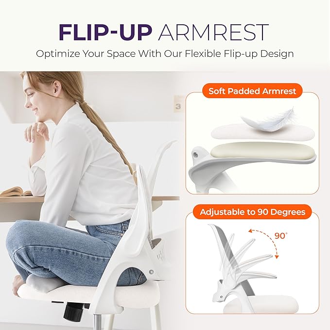 NEO CHAIR Office Desk Chair, Ergonomic Mesh with Flip-Up Armrests, Ivory | Lumbar Support, Height Adjustment, 360° Swivel and Rolling Base, Space-Saving Design for Home Office, Vanity or Study - Image 6