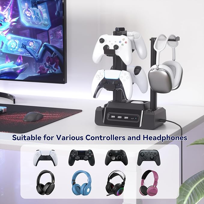 KDD Charging Station for Multiple Devices - 4 Ports Charging Dock with Controller and Headset Stand - 3 USB A & 1 USB C for Cellphone Tablet and Other Electronic - Multi Storage for Gaming Accessories - Image 4