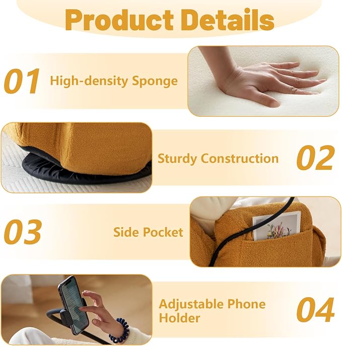 360° Swivel Gaming Floor Chair, 5 Position Adjustable Folding Sofa Chair with Armrests & Phone Holder, Cushion Padded Indoor Chaise Lounge for Adults, Home Office Floor Leisure Chairs, Yellow - Image 4